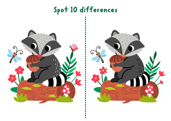 Forest find differences game for children with raccoon sitting on the log with acorn. Woodland educational activity with animal. Puzzle for kids with cute scene. Printable worksheet, page © Lexi Claus
