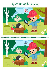 Fototapeta premium Forest find differences game for children with boy looking on hedgehog on tree stump. Woodland educational activity with animal. Puzzle for kids with cute scene. Printable worksheet, page