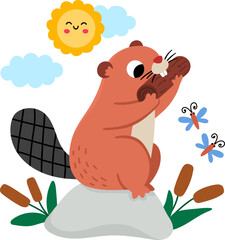 Obraz premium Vector beaver sitting on rock with reeds, eating log. Cute cartoon woodland water scene illustration for kids. Forest animal on natural background. Picture for children