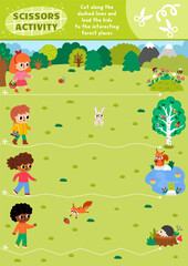 Fototapeta premium Vector forest explorers cutting activity. Scissors practice game with cute woodland landscape and curious kids. Wildlife printable worksheet. Simple snip puzzle for fine motor skills