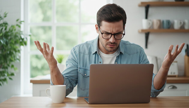 Man looking frustrated at laptop, hands raised in exasperation. Symbolizes stress, confusion, or difficulty with technology or work.