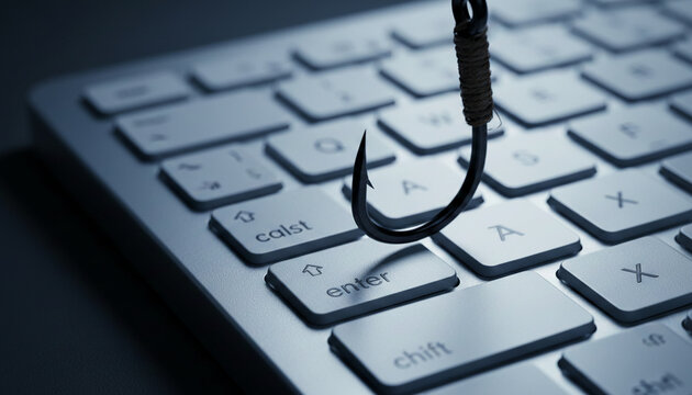 A fishing hook hovers above a computer keyboard, symbolizing digital danger and cyber threat, representing vulnerability in the online world