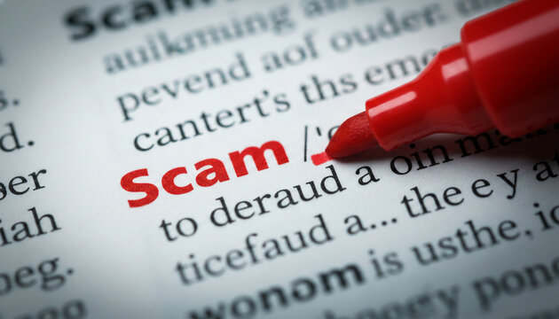 Close-up of the word "Scam" highlighted in red on a dictionary page, representing fraud, deception, and criminal activity, warning against it.