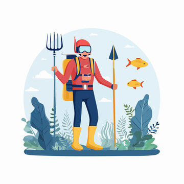 Spearfisherman with Trident and Spear Underwater