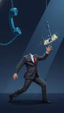 A headless businessman in a suit reaches for a dollar bill dangling from a fishing hook, with a blue telephone receiver above, symbolizing temptation and risk in finance.