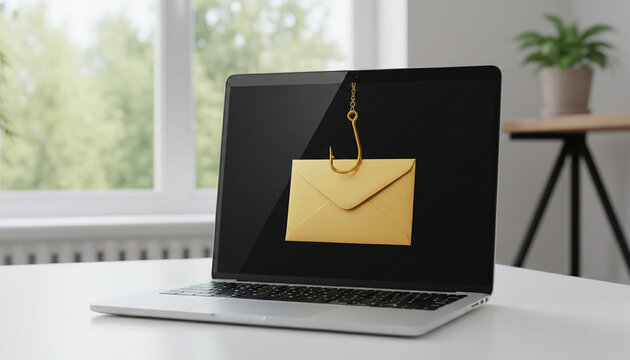 Laptop screen displays a golden envelope impaled on a fishing hook, symbolizing cyber threat and phishing, a digital trap for sensitive information