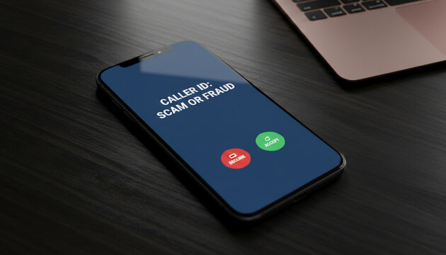 Smartphone screen displaying a "Caller ID: Scam or Fraud" alert with "Accept" and "Decline" buttons, symbolizing digital security and vigilance.
