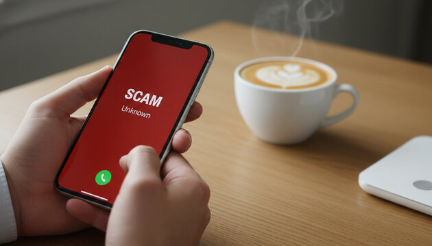 Close-up of hands holding a smartphone displaying a red "SCAM" alert, next to a steaming cup of coffee on a wooden table, symbolizing danger and deception in communication.