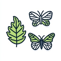 Fototapeta premium Icons depict a leaf and two butterflies in a simple two-tone style. The designs feature dark outlines with lime green details.