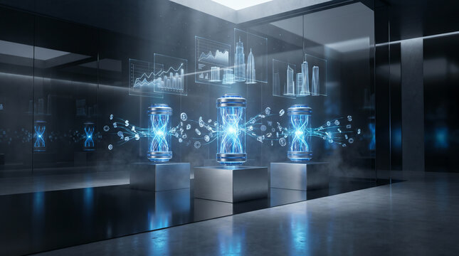 Futuristic exhibit showcasing urban development and data evolution, featuring glowing digital hourglasses and holographic city projections in a modern setting