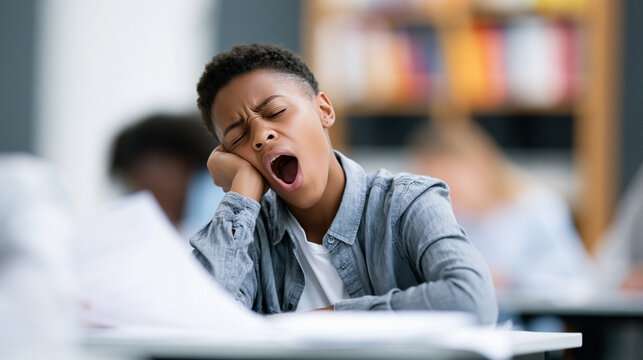 Young black student yawning during a test in classroom setting  