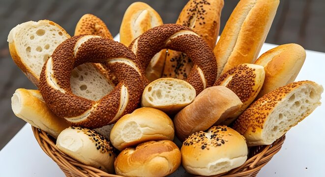 assortment of baked Turkish bread simit ekmek in a basket closeup