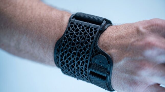 Close up of a black 3d printed lattice medical wrist brace worn on a persons arm against a light background