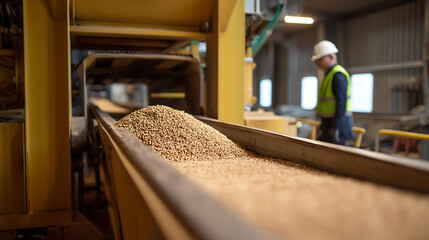 Fototapeta premium Industrial conveyor belt transport small pellets or grains in a factory setting with a worker in the background, focused on production