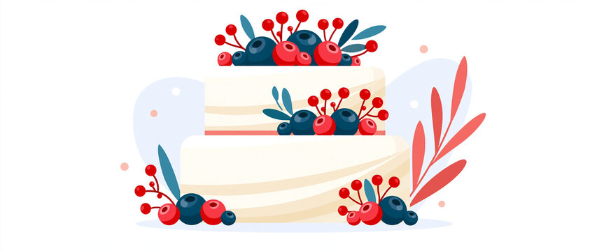 Wedding cake decorated with berries and leaves in modern style  