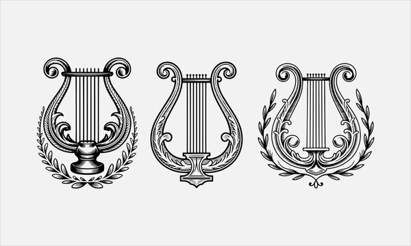 Antique lyre with decorative details, black line art icon set vector illustration