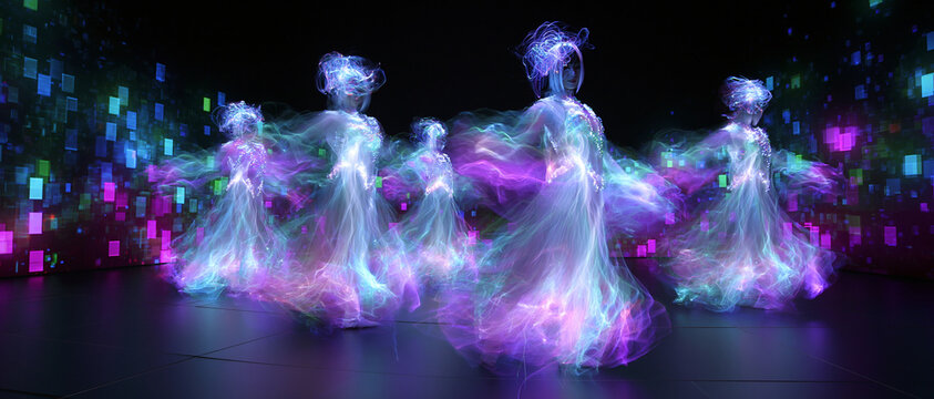 Five dancers performing in flowing dresses with colorful lights background  