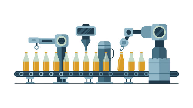 A linear conveyor belt moves golden liquid-filled bottles past multiple automated robotic arms and sensory stations within a clean industrial processing facility interior.