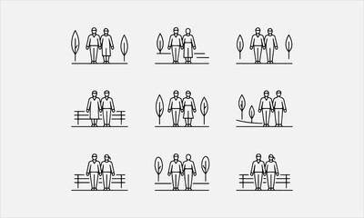 Obraz premium Couple walking in park line sketch line art icon set vector illustration