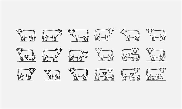 Cow and calf outline line art icon set vector illustration