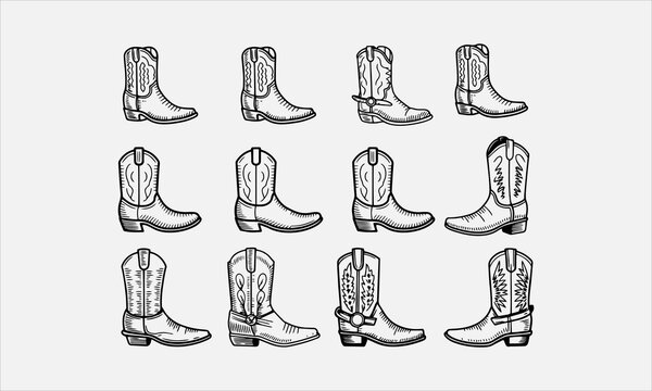 Cowboy boot engraving style black on white line art icon set vector illustration