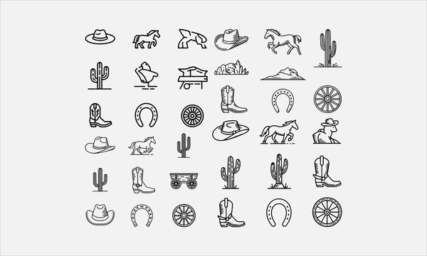 Cowboy hat horse cactus boot horseshoe wheel engraving line art icon set vector illustration