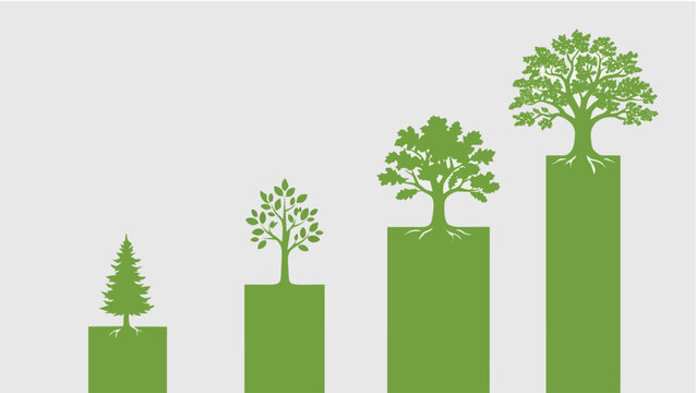 Green bar chart growth with trees vector for sustainable business economy and urban forestry