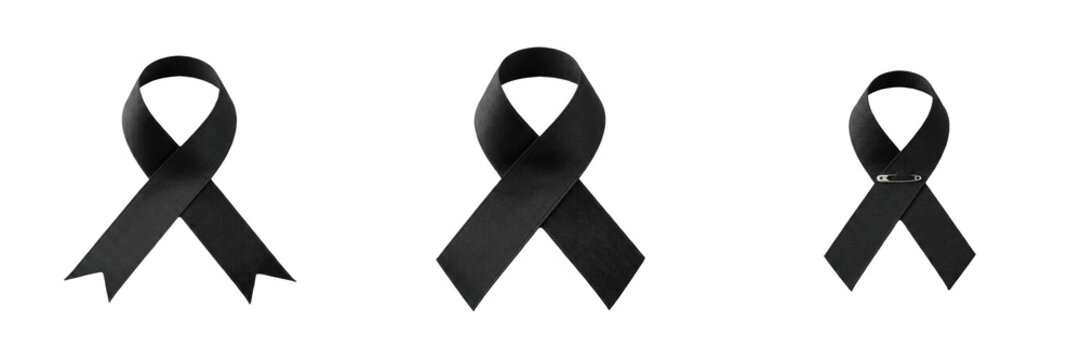 Black Awareness Ribbon Set: Three Sizes of Mourning and Remembrance Ribbons Isolated on White Background, Symbolic Memorial Graphics for Funeral, Sympathy, Support, and Solidarity Design Projects, Hig