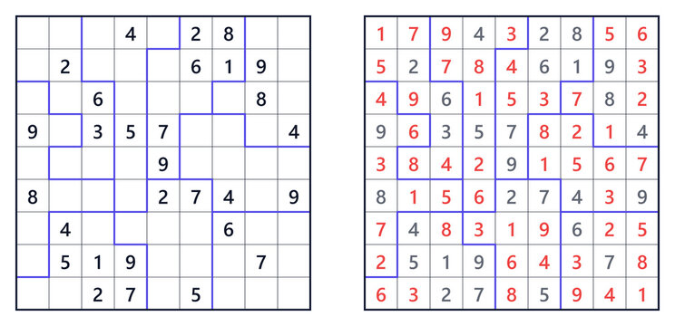Jigsaw Sudoku puzzle with numbers and highlighted solutions, challenging level