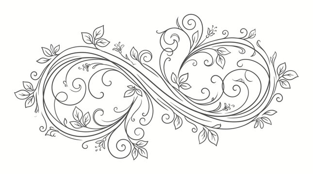 Infinity flourish: elegant, decorative, and ornamental symbol in the shape of an infinity loop, adorned with leaves and floral elements. This design embodies timelessness, endlessness, and beauty.
