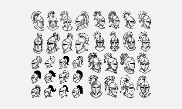 Medieval knight helmet with feathers in vintage engraving style line art icon set vector illustration
