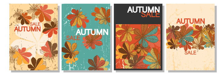 Obraz premium Autumn posters, card, frame, background, banner, flyer. Hello Fall typography design with leaves and plants. Sale Set Template for advertising, web, social media, web