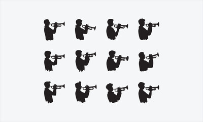 Trumpet player silhouette brush sketch line art icon set vector illustration © lokshmon