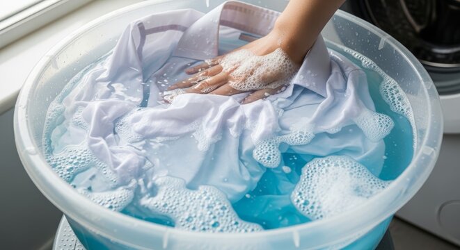 Person hand washing a white shirt in a plastic basin filled with blue soapy water.