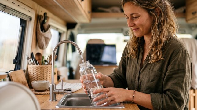 Woman filling a clear glass water bottle at the modern stainless steel sink inside a comfortable camper van