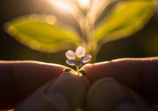 Small tiny white flower held between fingers with a beautiful bokeh background of green leaves.