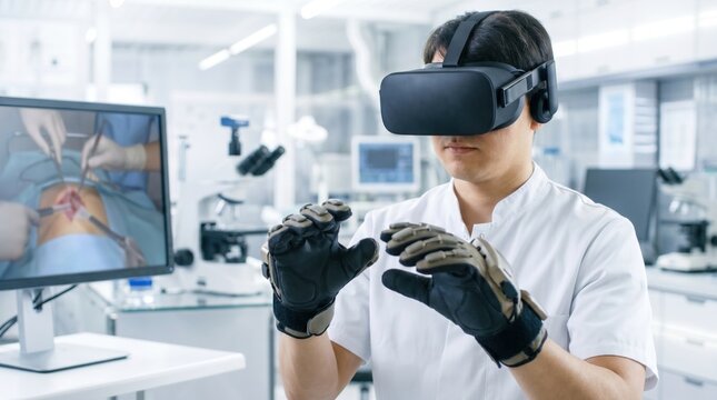 Male doctor wearing a virtual reality headset and advanced haptic feedback gloves practicing a surgical simulation in a medical laboratory