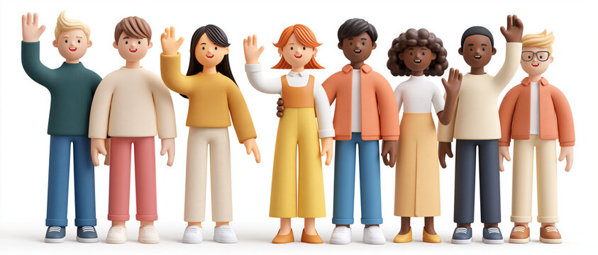 Diverse group of animated characters waving hello on white background  