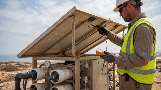 Male technician wearing safety gear using a digital multimeter to check the wiring of a solar panel on a desalination water pump near the ocean