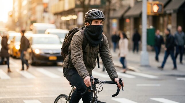 Man riding a bicycle through busy city street traffic in winter wearing a safety helmet and a thick black neck gaiter mask