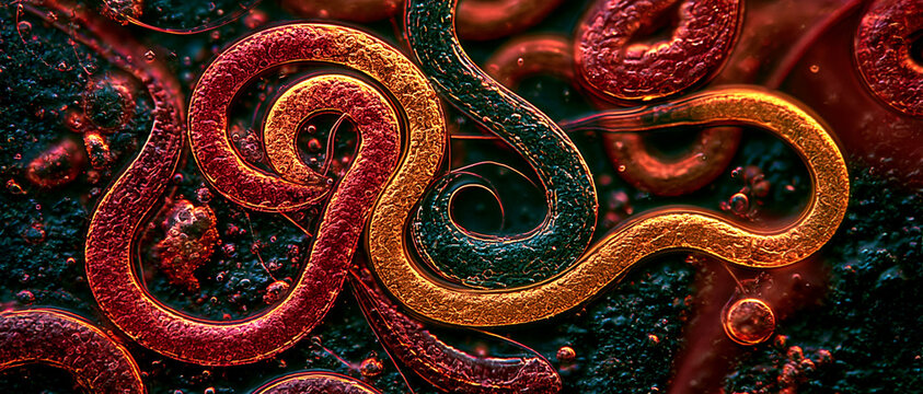 Colorful parasitic worms intertwining in a dark textured background  