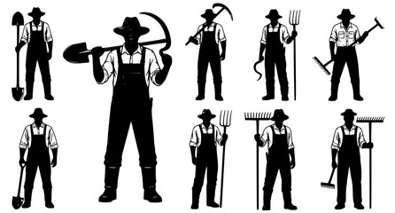 Collection of black silhouettes of farmers holding various agriculture tools like shovels rakes and forks isolated on white background for farming and rural lifestyle design projects © aminul