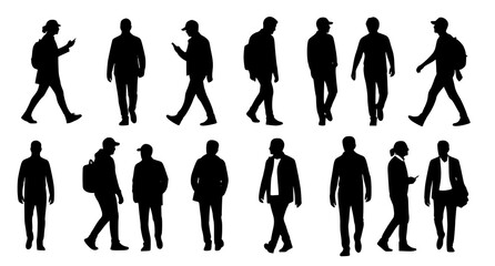 Collection of black silhouettes of people walking with backpacks and mobile phones isolated on white background for urban life and travel themed design and lifestyle graphic assets © aminul