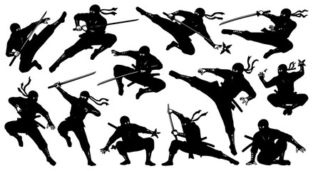 Set of dynamic ninja silhouettes in various martial arts poses with weapons isolated on white background for action themed design and creative graphic illustration projects © aminul