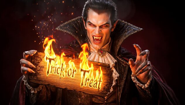 Vampire holding a flaming Trick or Treat sign with glowing red eyes