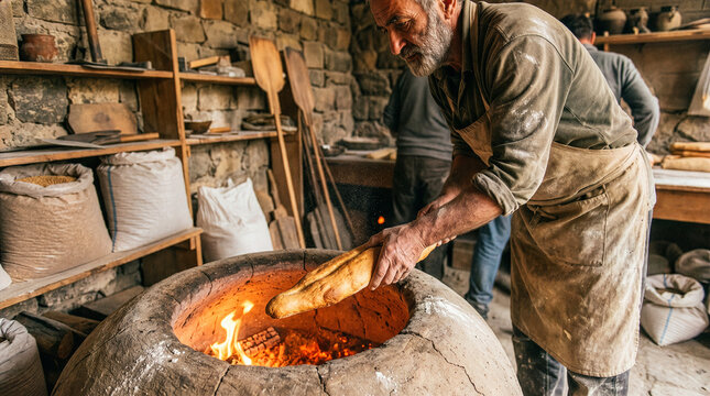 Bearded baker baking traditional bread in ancient stone tandoor oven