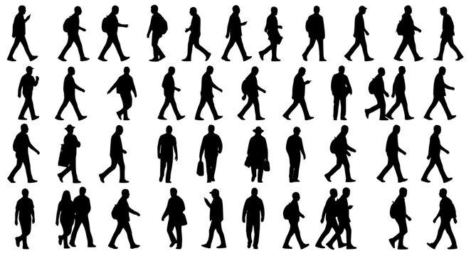 Large collection of walking people silhouettes in various poses and styles for urban crowd design and architectural visualization or public space planning projects in vector illustration