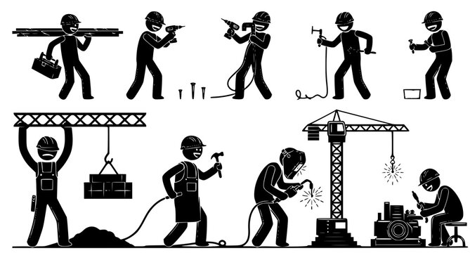 Set of construction worker stick figures performing heavy industrial tasks with cranes welding and building tools for professional engineering and site management presentation materials