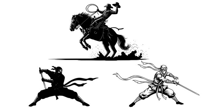 Set of action silhouettes featuring cowboys on horses and ninja warriors in combat poses for dynamic sports and martial arts graphic design assets in black and white vector illustration