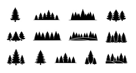 Set of coniferous tree silhouettes in various forest compositions isolated on a white background for landscape design environmental graphics and outdoor activity posters or nature branding © aminul